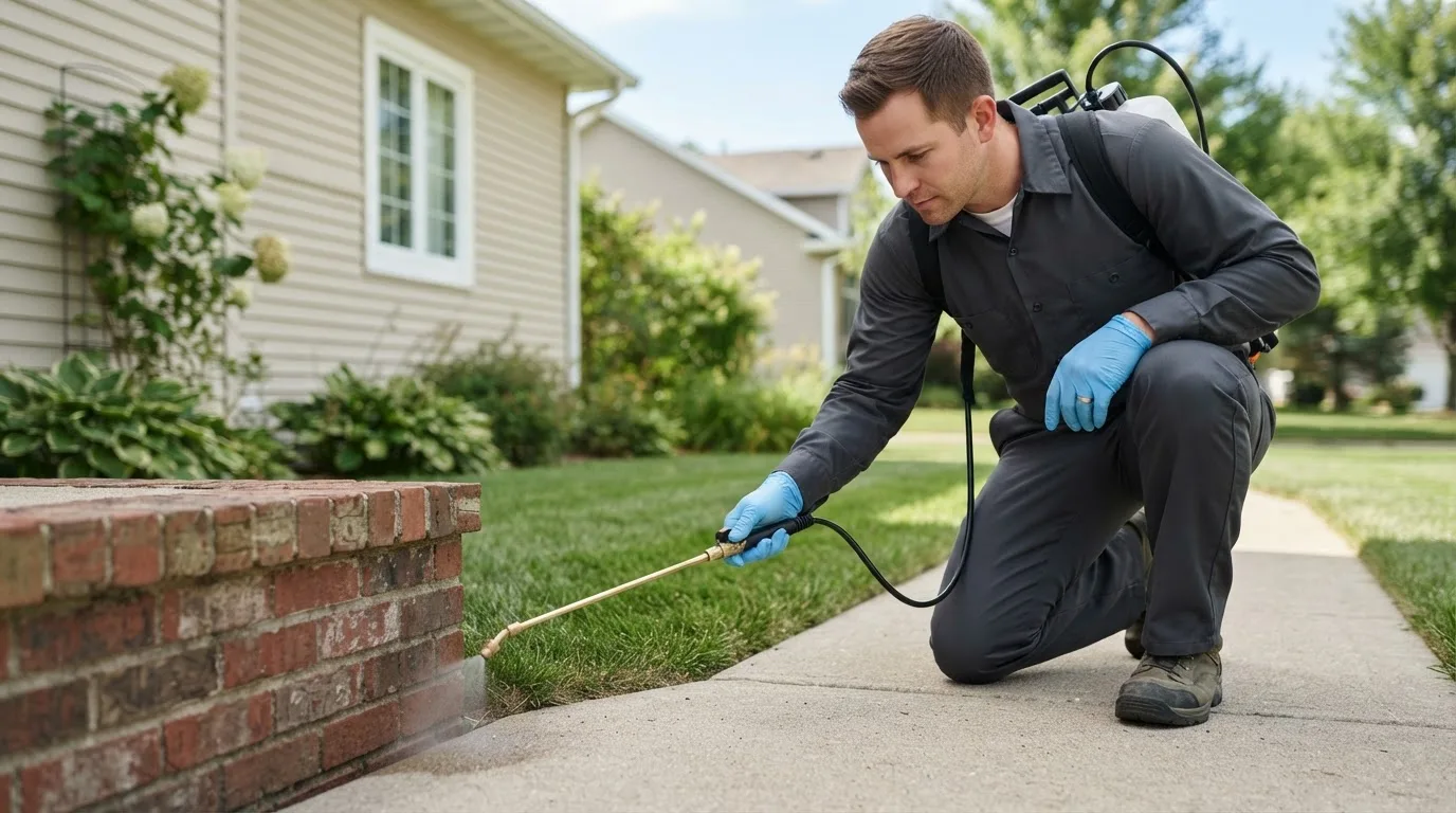 Pest control technician treating a home near Riverbank, CA